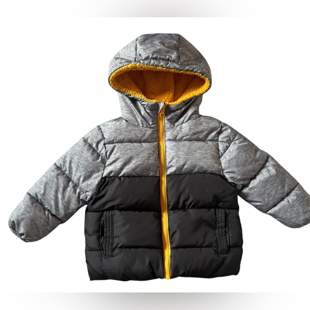 SwissTech Toddler Puffer Jacket 18M Gray Black Hooded Fleece Lined Winter Coat